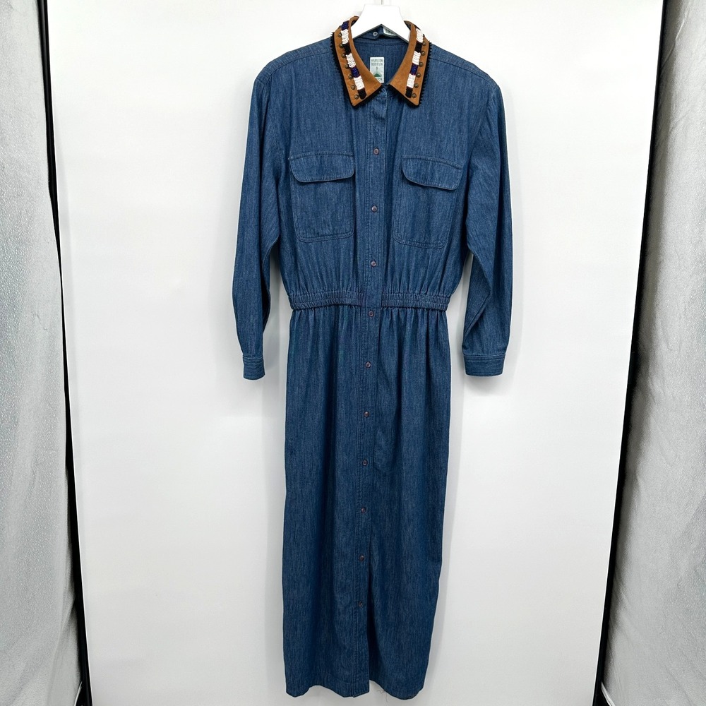 Vintage Hairston Roberson Ropa Denim Maxi Dress Large Beaded Collars Western USA